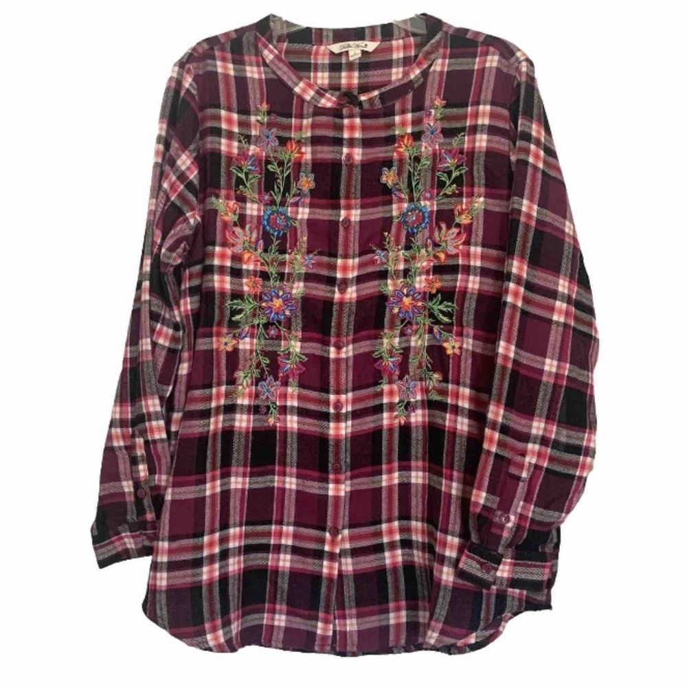 Pioneer Woman Shirt Pink Plaid Floral Embroidered Button Blouse Sz L 12/14 NEW!